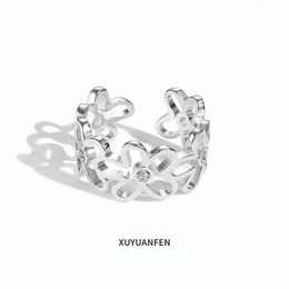 XUYUANFENINS S925 Sterling Silver Flower Ring Female Unique Personality Simple Hollow Design Zircon Open 240424