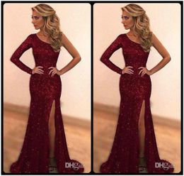 Sparkly Bling Sequined Burgundy Mermaid Prom Dresses 2020 Custom Made One Shoulder Long Evening Party Dress Sexy side Slit robe de7430218