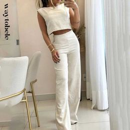 Women's Two Piece Pants Waytobele Women Two Piece Set Casual Slveless Solid Round Neck Vest Top Straight Loose Pants Sets High Strtwear Y240426