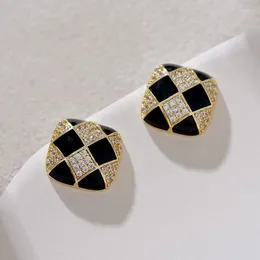 Stud Earrings Classic Black White Rhombus Lattice For Women Enamel Crystal Temperament Geometry Square Jewelry