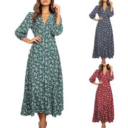 Womens Summer Dresses Elegant Floral Print Trendy Party Dress Sexy V Neck Long Sleeve Boho Slim Fit Maxi Beach 240423