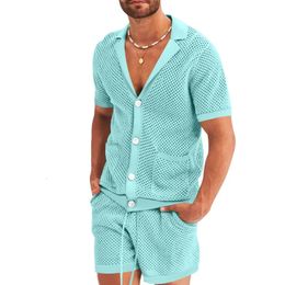 Summer Men Shorts Mesh Hollow Out Knitted Casual Sports Lapel T-Shirt Short Sleeve Solid Beach Suit Mens 2 Pieces Set Suits 240415