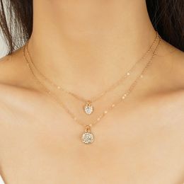 Fresh and Sweet Round Inlaid Water Diamond Full Diamond Necklace Commuter Love Double layered Pendant for Women