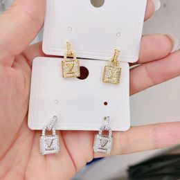 Gold Silver Luxury Earrings Studs V Letter Lock Pendant Full Diamonds Original Logo Stainless Steel Earrings Fashion Jewellery