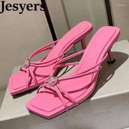 Slippers Square Toe Thin High Heels Women Genuine Leather Narrow Band Rhinestone Decor Sandals Ladies Sexy Party Dress Shoes