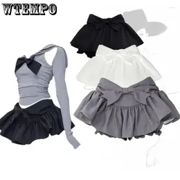 Skirts Bow Grey Fluffy Skirt Sweet Cute Women Slim Low-waisted Ruffled Edge Preppy Style Korean Fashion Pure Desire Summer Drop