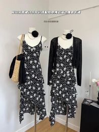 Casual Dresses Design Black Floral Dress Elegant Print One-Piece Frocks Sleeveless Party Slim Spaghetti Strap Office Lady Gothic Y2K