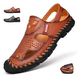 Boots 2023 Men Genuine Leather Shoes Men's Sandals Durable Handmade Stitching Close Toe Non Slip Shoes For Indoor Outdoor Beach
