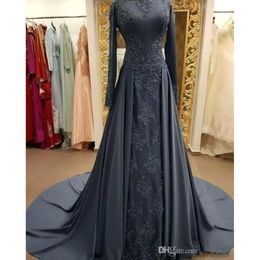 Sleeve Long Lace Gray Elegant Evening 2019 Crew Neck Applique Satin Sweep Train Formal Muslim Prom Party Dresses Bc2001