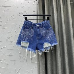 Women's Jeans Pink Irregular Ripped Rhinestone Denim Shorts Summer Loose Pants High Waist Short Girls Students