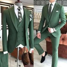 İnce evli bir düğme yeşil fit klasik smokin erkekler takım elbise damat resmi giyim balo parti blazer 3 adet ceket pantolon yelek