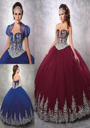 Quinceanera Dresses 2019 Burgundy Royal Blue Tulle Applique Bottom Floor Length Lacing Corset Back Formal Prom Gowns with Jacket782493795