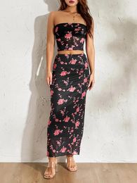 Casual Dresses Two Piece Skirt Set For Women Sexy Strapless Crop Top And Low Rise Maxi Co Ord Sets Y2k Aesthetic Summer Clothes