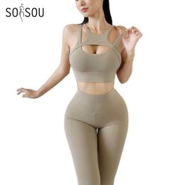 Women's Tracksuits SOISOU sexy new womens sportswear yoga set tight leg exercise bra elastic fitness gym set womens set 13 colors 240424