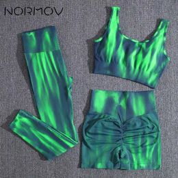 Kvinnors träningsdräkter Normov Tie Dye Sportswear 2023 2-3-Piece Womens Gym Set Padded Bra Yoga Set Sportswear 240424