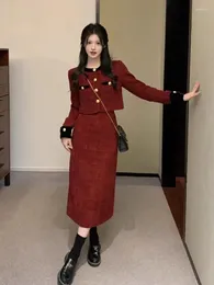 Two Piece Dress Insozkdg Two-Piece Set French Elegance Lady Chic Style Jacket Women High-End Autumn Winter Arrival Red Long Skirt Suit