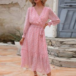 Casual Dresses Autumn Floral Print Long Maxi Dress Women Fashion Sleeve Wrap V Neck Pleated Belt A Line Flowy 2024 Party Robe