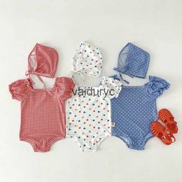 One-Pieces Summer Baby Swimsuit With Swim Cap One Piece Heart Print Girls Swimwear Toddler Swim Beach Clothing H240426