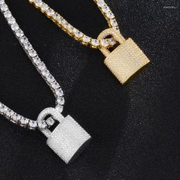 Chains Mirco CZ Paved Lock Shape Pendant Men HipHop Necklace With Cuban Chain Cubic Zircon Rock Rapper Jewellery