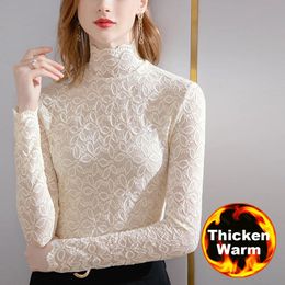 S-2XL Thick Warm Blouse Fashion Knit T-Shirt Women Elegant Shirt Ladies Retro High-neck Long Sleeve Bottoming Tee Apricot Black 240415