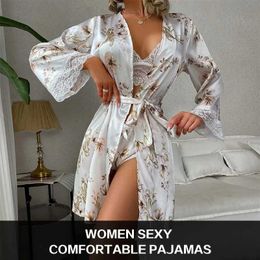 Women's Sleepwear WomenS Sexy Night Gown Lace Spaghetti Strap Lingerie Slpwear Woman Floral Print Bowknot Decor Lace Cami Set Summer Silk No Ch Y240426