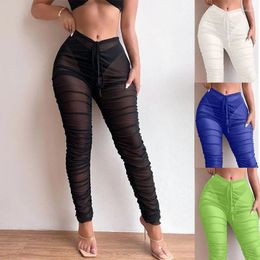 Women's Pants BKLD Beach Wear Fashion Sexy Mesh Tight Perspective Pleated Trousers Women Clothing 2024 Arrivals Flare Leggings