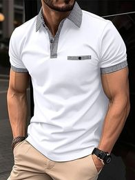 mens casual short-sleeved Polo shirt Casual fashion plaid lapel T-shirt mens breathable Polo shirt mens wea 240411