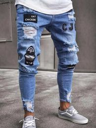 Men's Jeans Fashionable Street Style Tear Tight Jeans Mens Vintage Wash Denim Trouser Casual Slim Fit Pencil Denim Elastic Tight JeansL2404L2403