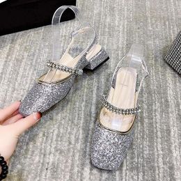 Casual Shoes 2024 Women's Summer Fashion Sandals One Word Buckle Square Heel Comfortable Toe Temperament Sequins Adult