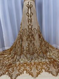 High Quality Gold African Mesh Lace Fabric French Net Sequins Lace Sewing Embroidered Lace Tulle Nigerian Lace Fabric 240420