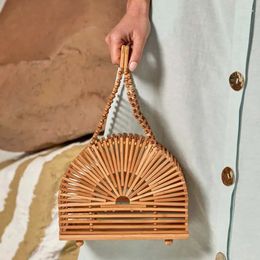 Drawstring Summer Women Bamboo Handbag Handmade Purse Clutch Tote Straw Beach Bag (With Scarf)