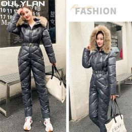 Sets One Piece Ski Jumpsuit Waterproof Snowboard Overalls Women Hooded Ski Suit Women's Sport Snowsuit Female Skiing Suits