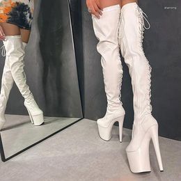 Boots White Almond Toe High Heels Women's Platform Shoes Lace Up Thigh Back Hollow Sexy Stage Fashion Footwear Autumn