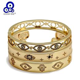 Lucky Eye Micro Pave Zircon Fatima Hand Turkish Evil Bangle Gold Colour Copper Open for Women Girls Jewellery BE220 210918259T