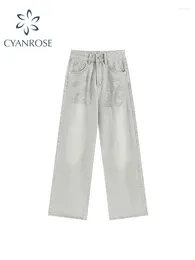 Women's Jeans Vintage Ripped Aesthetic High Waisted Pants Fashion Baggy Y2k Streetwear Wide Leg Denim Trousers Retro Korean 2024