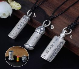 990 Pure Sterling Silver Shurangama Mantra Buddha Tube Locket Necklace Pendant Retro Buddhist Six Words Mantra Amulets Storage Ope6672363