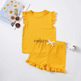 Clothing Sets New Girls Solid Sets 2pcs Clothing Set Casual Sleeveless Tops+ Short Pants Suits Kids Fashion Summer Clothes Suit 0-5T H240426