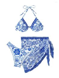 Women's Swimwear Women Bikini Set Flower Blue And White Porcelain Print Bra Briefs With Tie-up Skirt Bathing Suit 3-piece Swimsuit