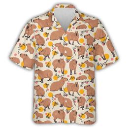 Mäns casual skjortor kawaii capybara grafiska skjortor för män kläder 3d tryck Hawaiian aloha strandskjorta kort ärm y2k söta barn toppar lapel blus 240424