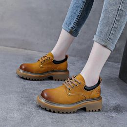 Casual Shoes Top Layer Cow Leather Thick Sole Lace Up British Small For Women Spring 2024 Retro Single