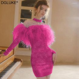 Casual Dresses Off Shoulder Long Sleeve Bodycon Mini Dress Red Sequin Short Party With Feather Sexy Birthday For Women
