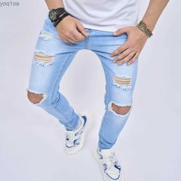 Men's Jeans Mens jeans with fashionable holes high-quality ultra-thin cycling athlete jogging elastic tight jeansL2404