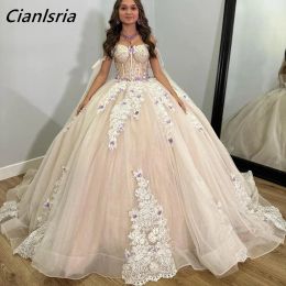 Light Champagne Diamond Pearls Princess Quinceanera Dresses Ball Gown 3D Butterfly Appliques Lace Corset Vestidos De 15 Anos