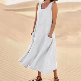 Vestidos de verão quente vestidos casuais bolso de bolso sem mangas pescoço feminino vestido de linho de algodão feminino solto cáqui branco preto casa ao ar livre saia