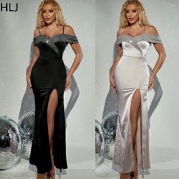 Casual Dresses HLJ Elegant Lady Off Shoulder Sequin Splicing Suspenders Dress Women Thin Bodycon High Slit Vestidos Fashion Party Club