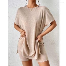 Women's Tracksuits 2024 Summer Solid Two Piece Sets For Women Short Sleeve Side Split T Shirt And Legging Shorts Streetwear Casual Loose