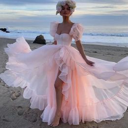 For Blush Women Dresses Pink Slit Prom Sexy Sweetheart Short Sleeve Long Beach Formal Party Gowns A Line Ruffles Engagement Evening Dress mal