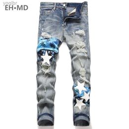 Men's Jeans Leather celebrity embroidered mens jeans island pattern slim fit with small feet perforated pants loose retro stretch street 23L244