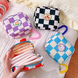 Storage Bags Cute Women Portable Grid Sanitary Napkin Bag Mini Kawaii Waterproof Period Tampon Coin Purse