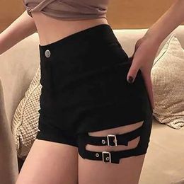 Women's Shorts Womens Hollow Strap High Waist Tight Shorts Polo Dance Outside Wear Black Y240425